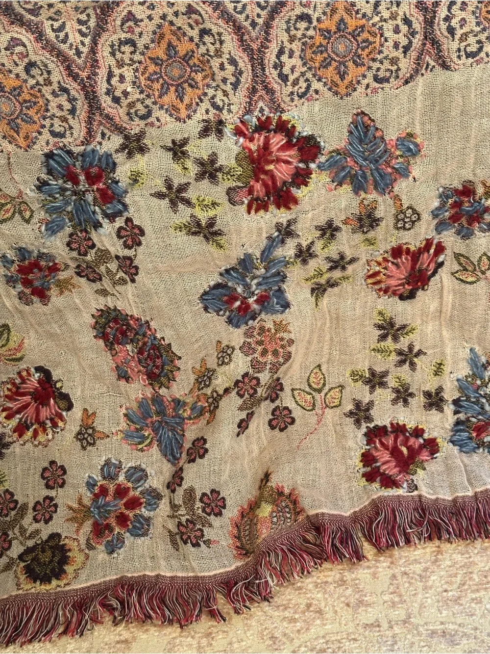 J. Jill Floral Fringe Scarf in multi colored Embroidered 100% woven cotton NWT